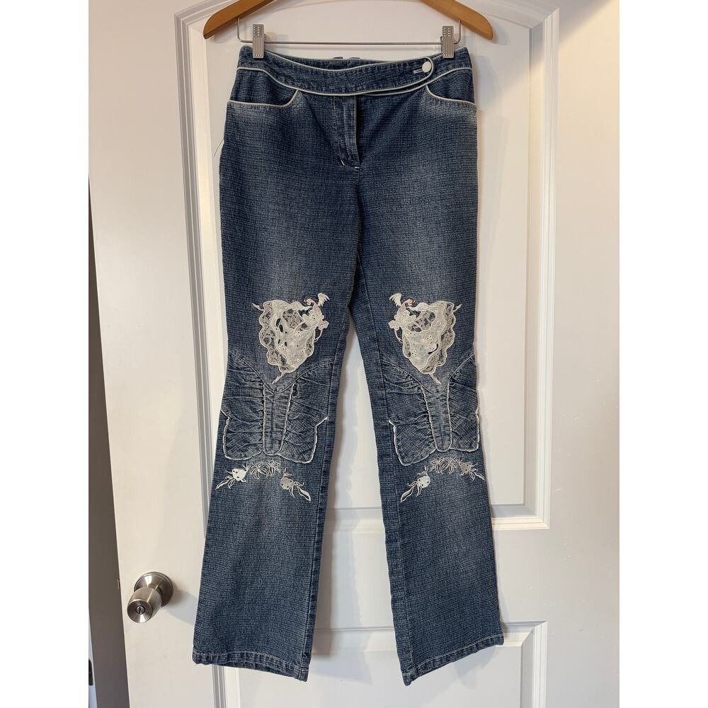 RARE VINTAGE SHUNVWU LADY HOUSE Lace Floral Embroidered Denim Jeans Y2K Size 3/4